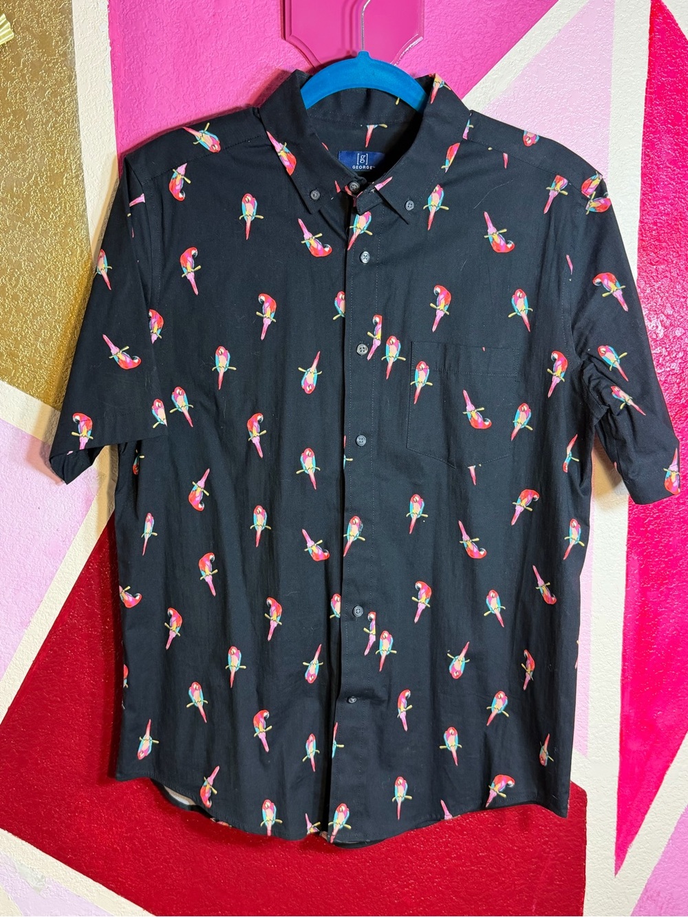 George Classic Fit Black Parrot Print Button Up Shirt Med